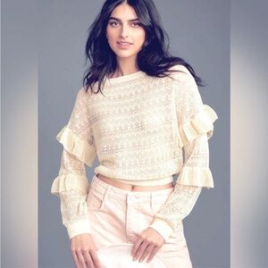 NWT’s Anthropologie Ivory Crochet Lace top Ruffle sleeve, cropped Size Medium